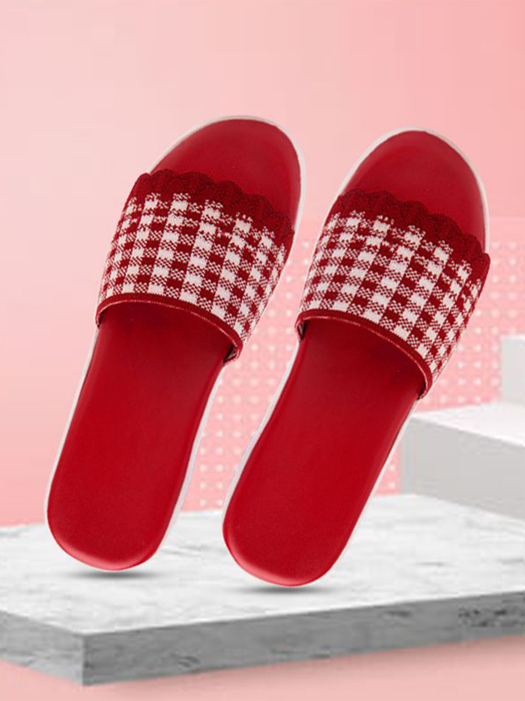 

sneakers villa Women Printed Open Toe Flats, Red