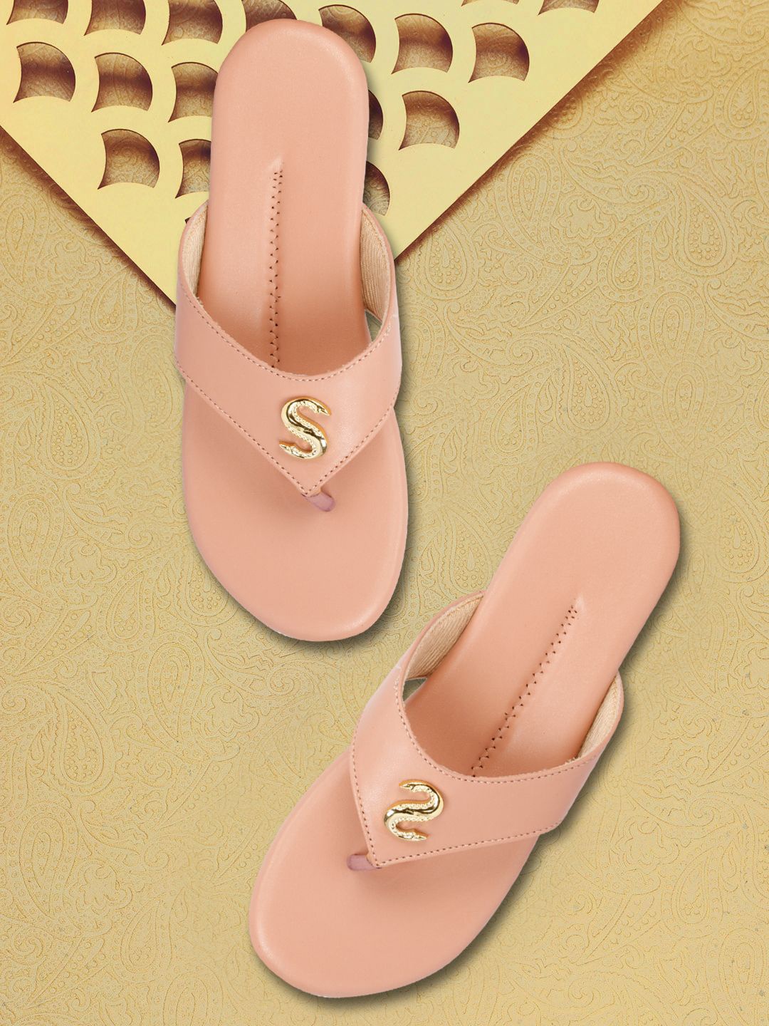 

sneakers villa Women Embellished T-Strap Flats, Peach