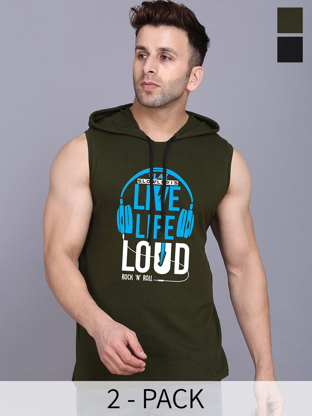 

SLOWLORIS Men Pack Of 2 Hooded Gym Innerwear Vests SL28 COMBO (ADV BLACK) (LOUD OLIVE)