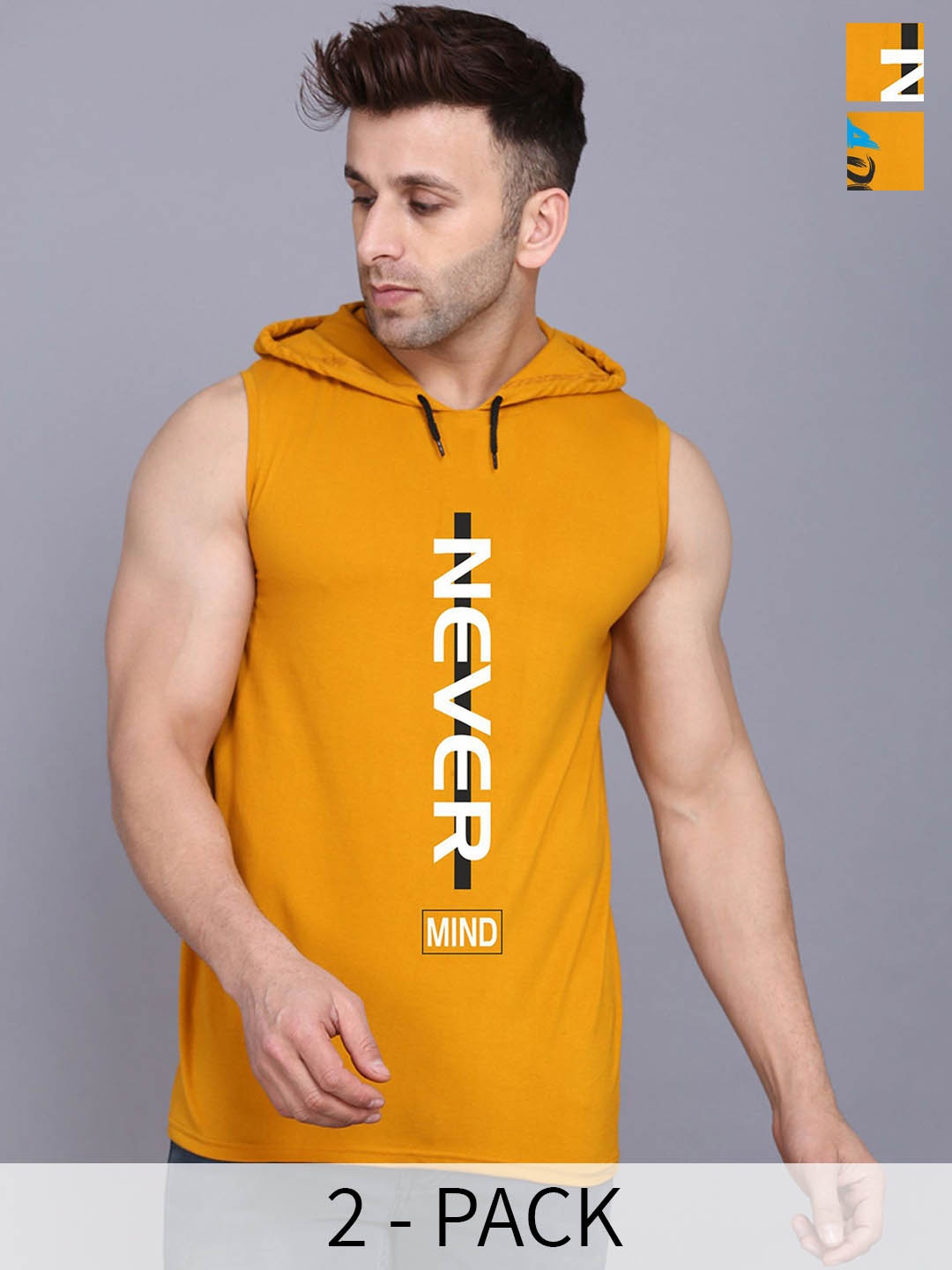 

SLOWLORIS Pack Of 2 Printed Hooded Skin Friendly Gym Vest, Mustard