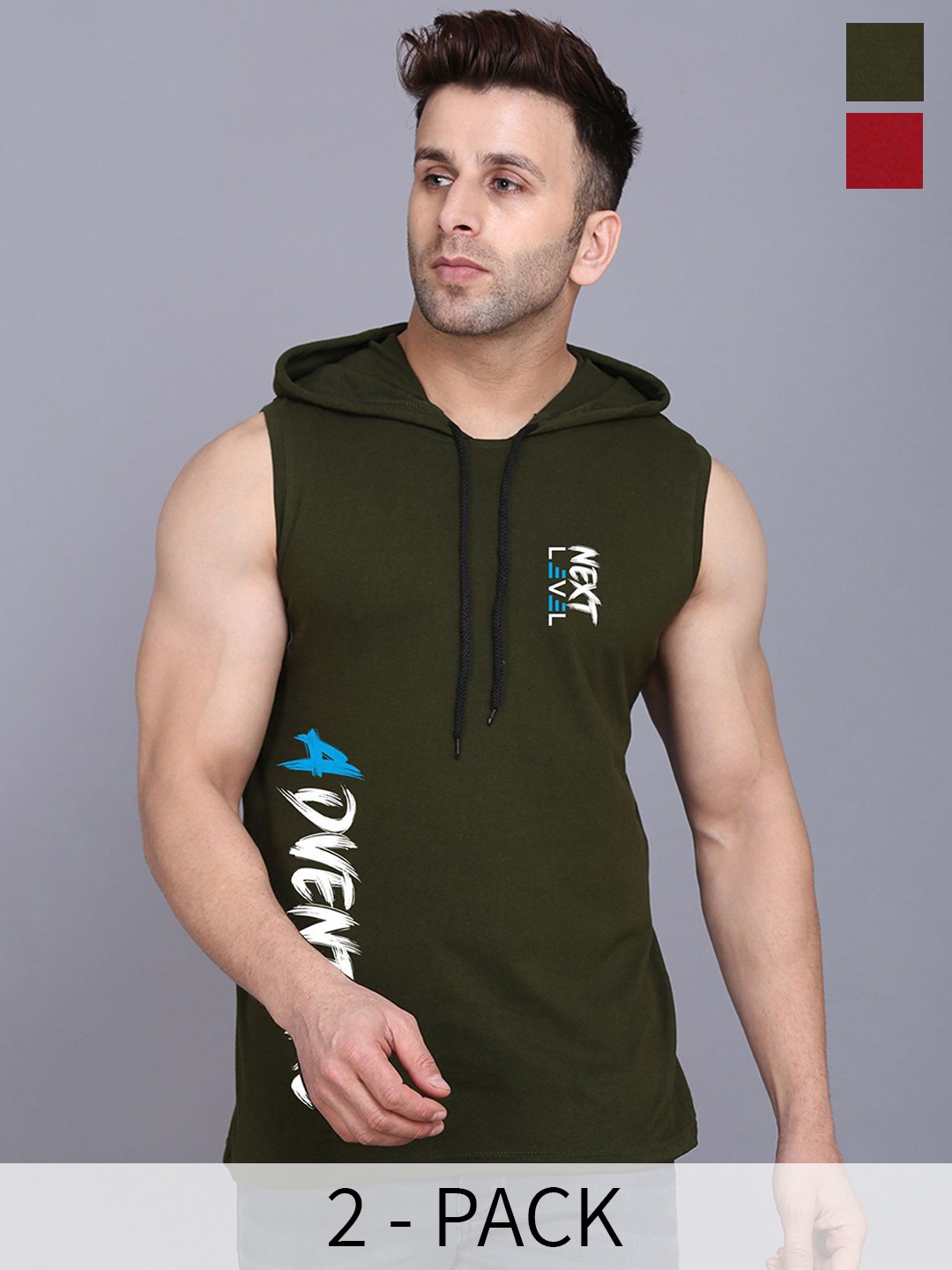 

SLOWLORIS Pack Of 2 Printed Hooded Skin Friendly Gym Vest, Olive