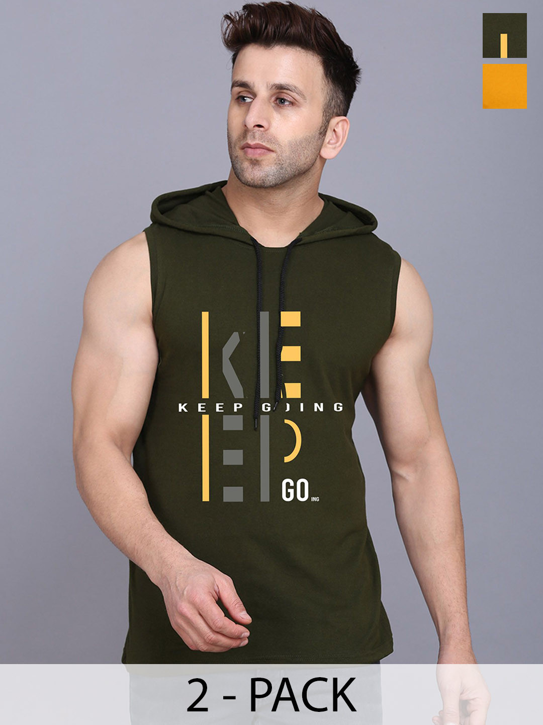 

SLOWLORIS Pack Of 2 Printed Hooded Sleeveless Gym Vest, Mustard