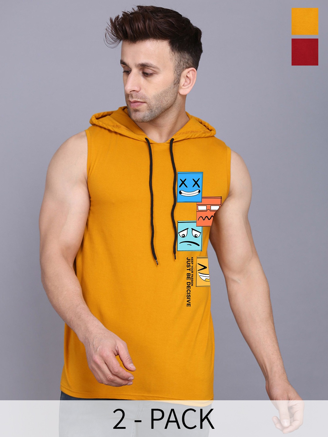 

SLOWLORIS Pack Of 2 Printed Hooded Cotton Gym Vest, Maroon