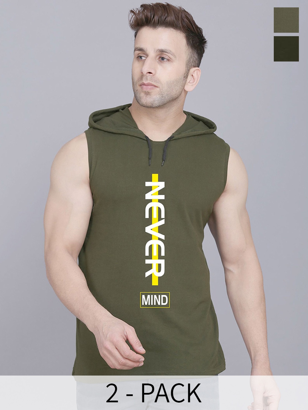 

SLOWLORIS Pack Of 2 Printed Hooded Sleeveless Gym Vest SL28 COMBO (ADV OLIVE) (NVR OLIVE)