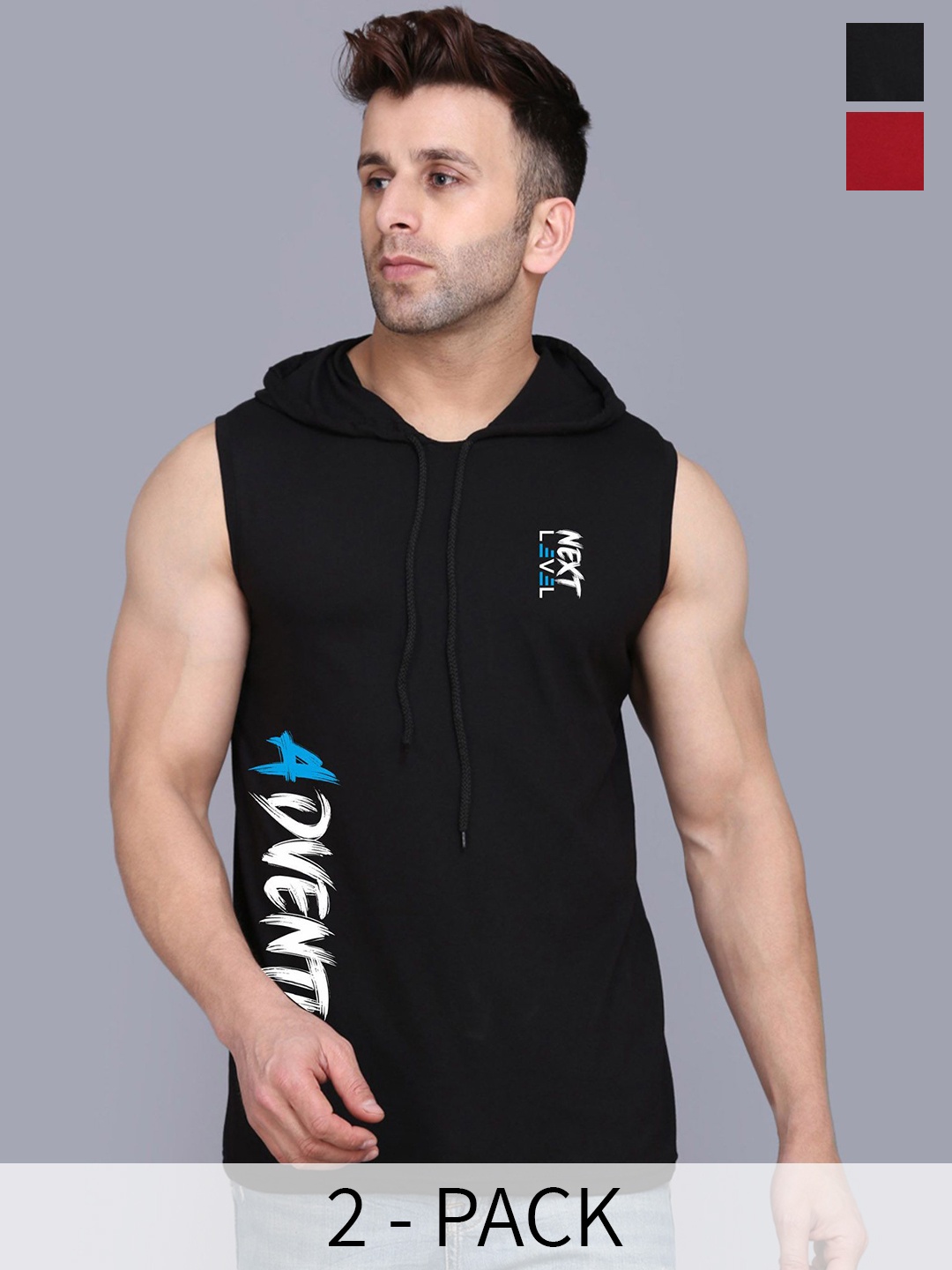 

SLOWLORIS Pack of 2 Hooded Printed Sleeveless Gym Vests, Black