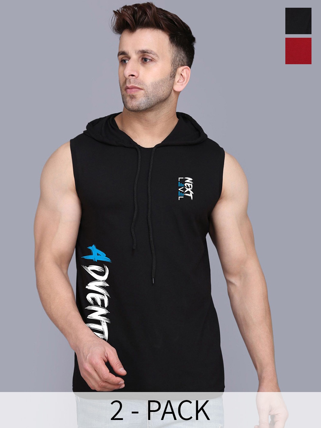 

SLOWLORIS Pack Of 2 Printed Hooded Skin Friendly Gym Vest, Black