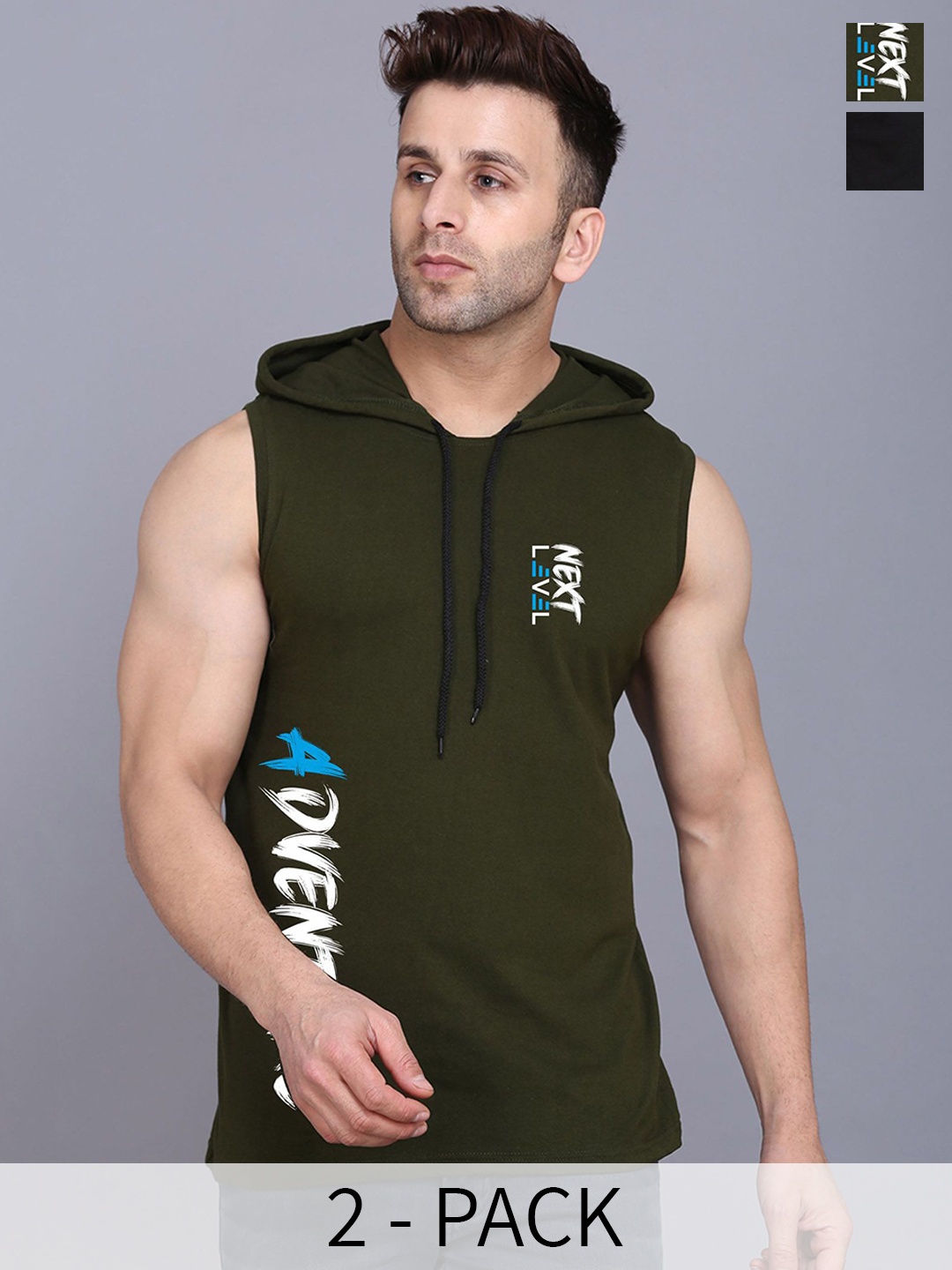 

SLOWLORIS Pack Of 2 Printed Hooded Skin Friendly Gym Vest, Olive