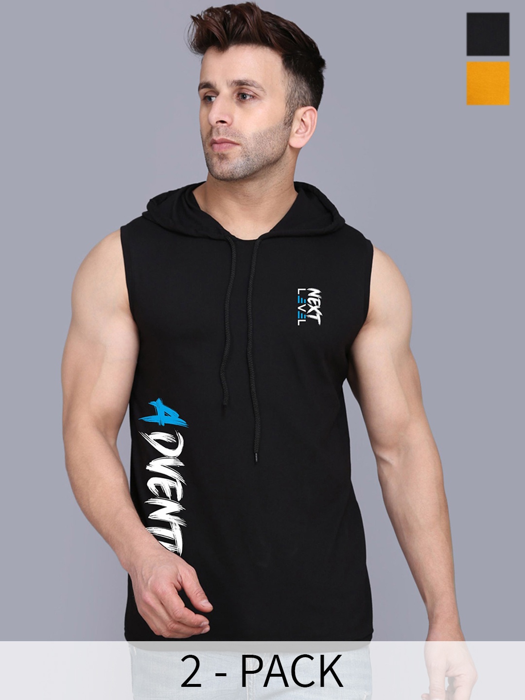 

SLOWLORIS Pack Of 2 Printed Hooded Skin Friendly Gym Vest, Black