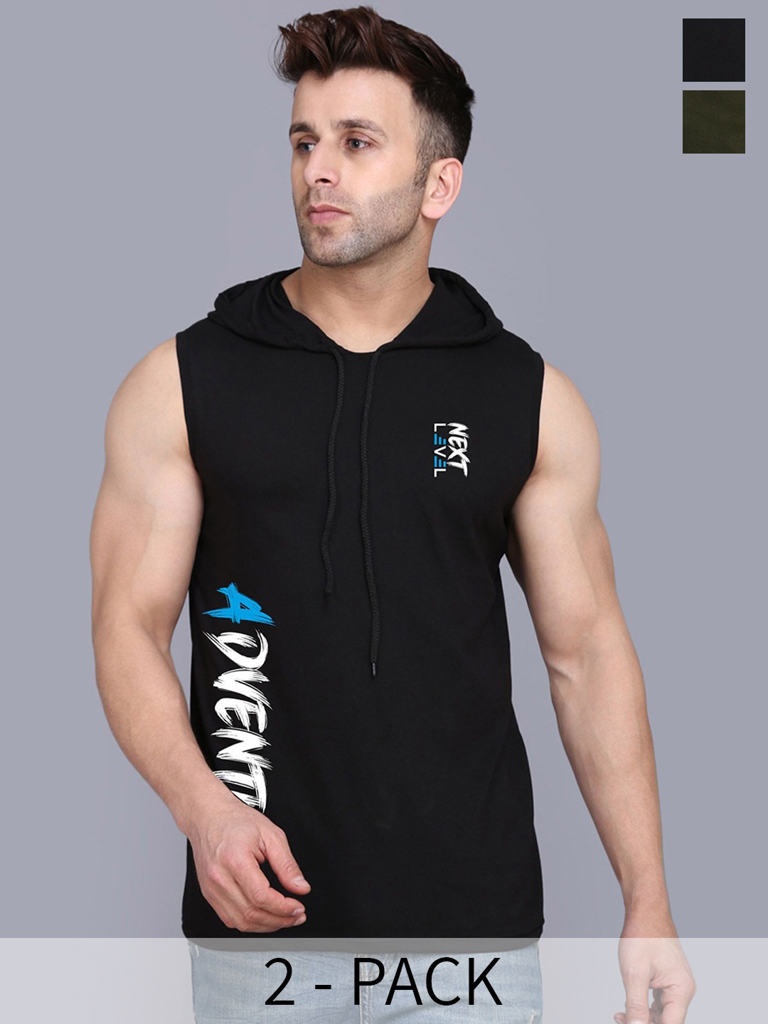 

SLOWLORIS Pack Of 2 Printed Hooded Sleeveless Gym Vests, Black