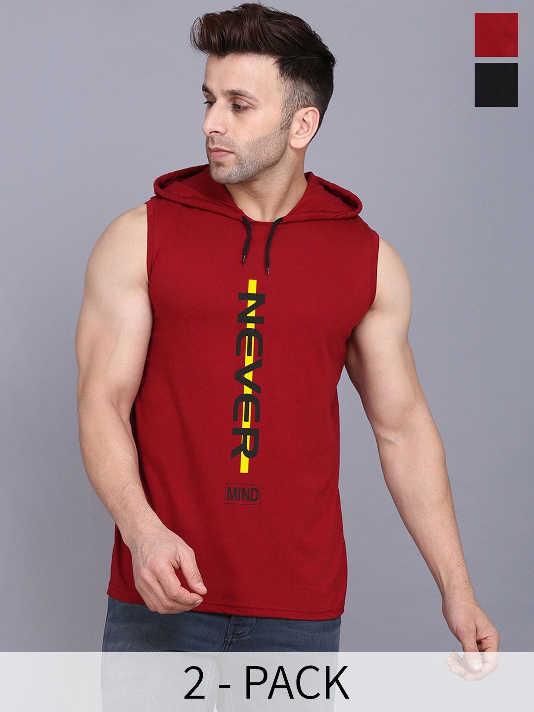 

SLOWLORIS Pack Of 2 Printed Hooded Gym Vest, Maroon
