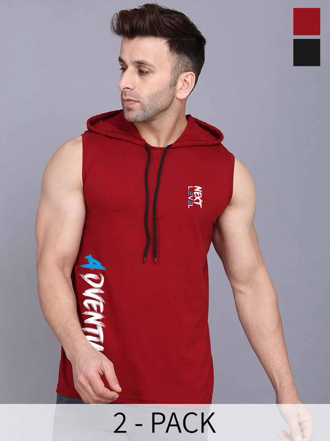 

SLOWLORIS Pack Of 2 Printed Hooded Sleeveless Gym Vests, Maroon
