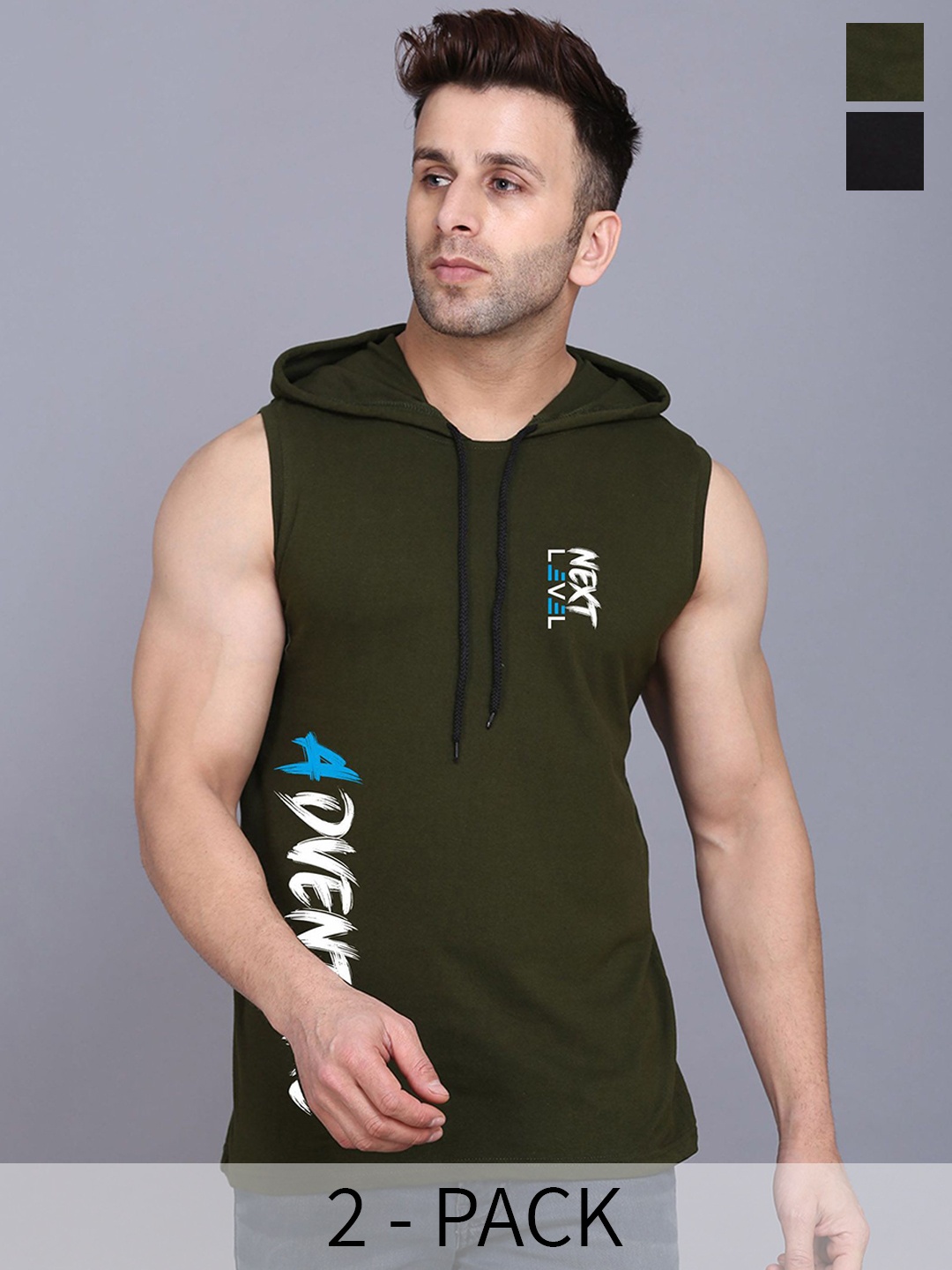 

SLOWLORIS Pack Of 2 Printed Hooded Skin Friendly Gym Vest, Olive
