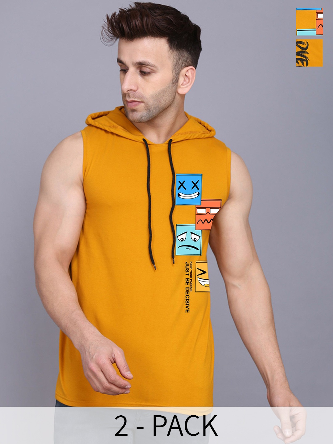 

SLOWLORIS Pack Of 2 Printed Hooded Skin Friendly Gym Vest, Mustard