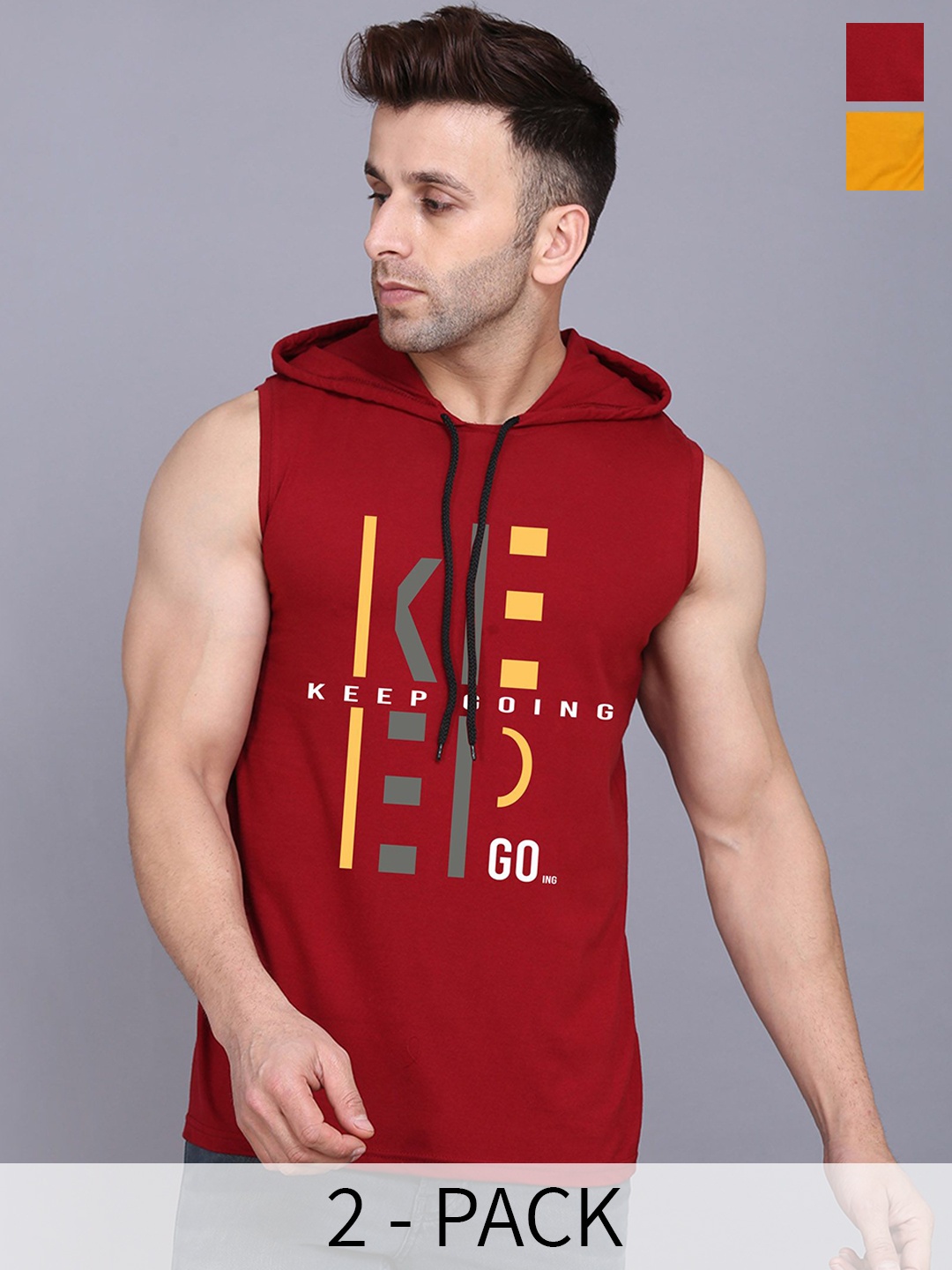 

SLOWLORIS Pack Of 2 Printed Hooded Gym Vest, Mustard