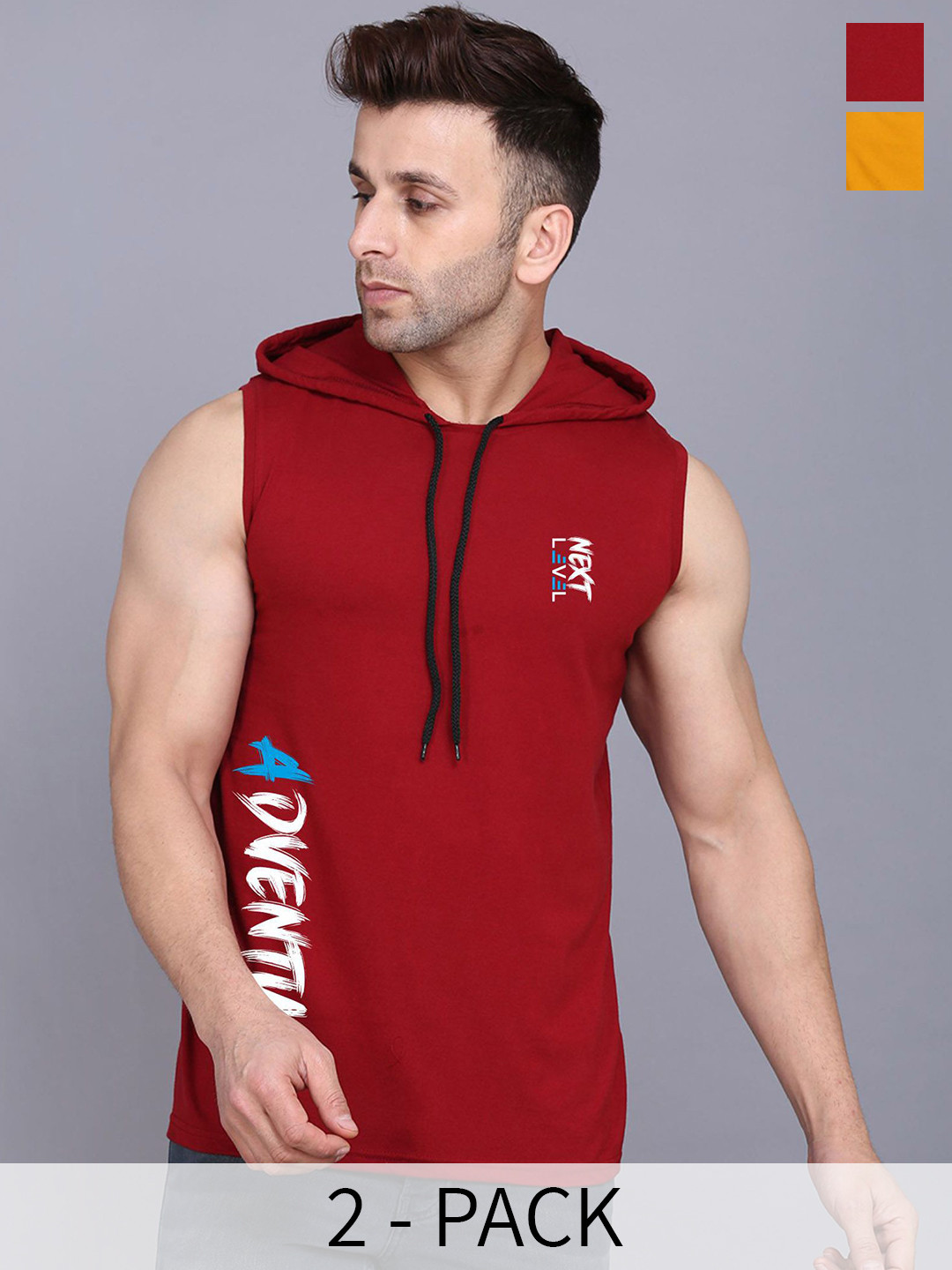 

SLOWLORIS Pack Of 2 Printed Hooded Skin Friendly Gym Vest, Maroon