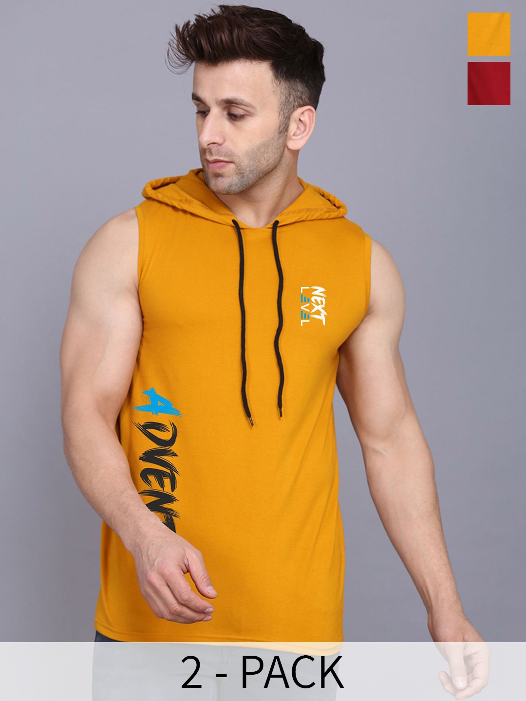 

SLOWLORIS Pack Of 2 Printed Hooded Skin Friendly Gym Vest, Mustard
