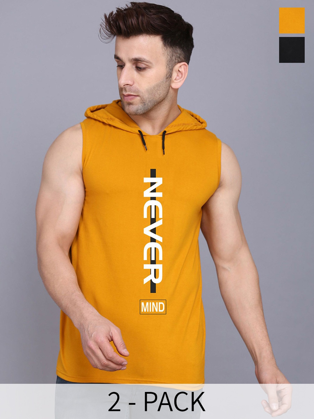

SLOWLORIS Pack of 2 Printed Hooded Sleeveless Gym Vests, Black