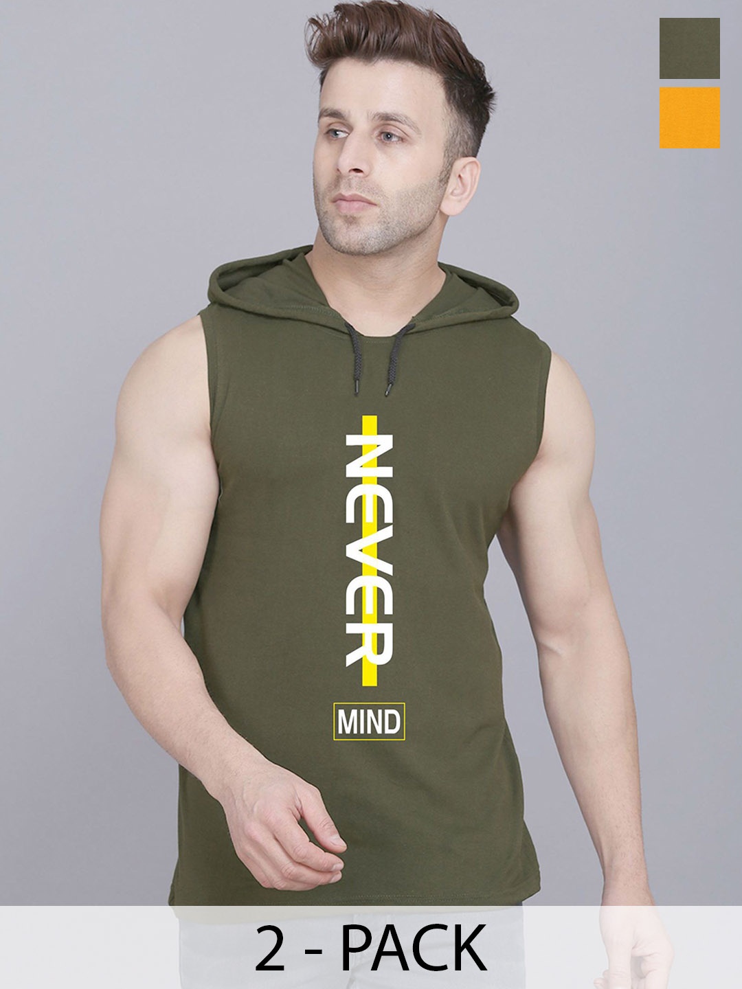 

SLOWLORIS Pack of 2 Printed Sleeveless Gym Vests-SL28 COMBO (ADV MUSTARD) (NVR OLIVE)