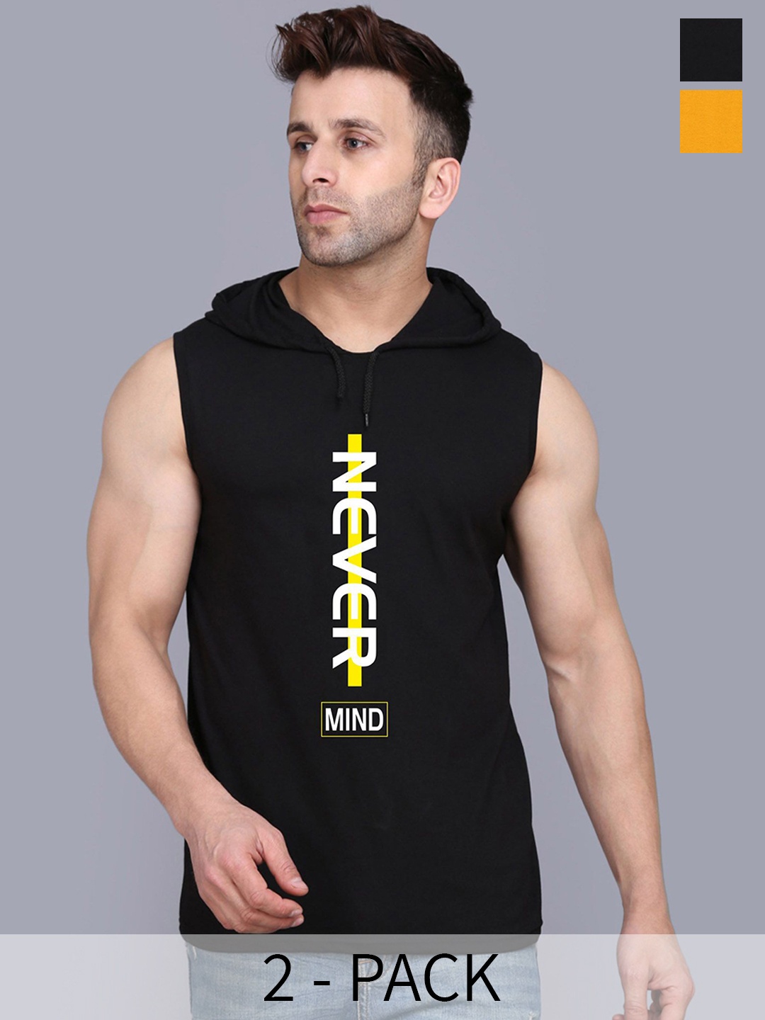 

SLOWLORIS Men Black & Yellow Hooded Printed Sleeveless Gym Vest, Mustard