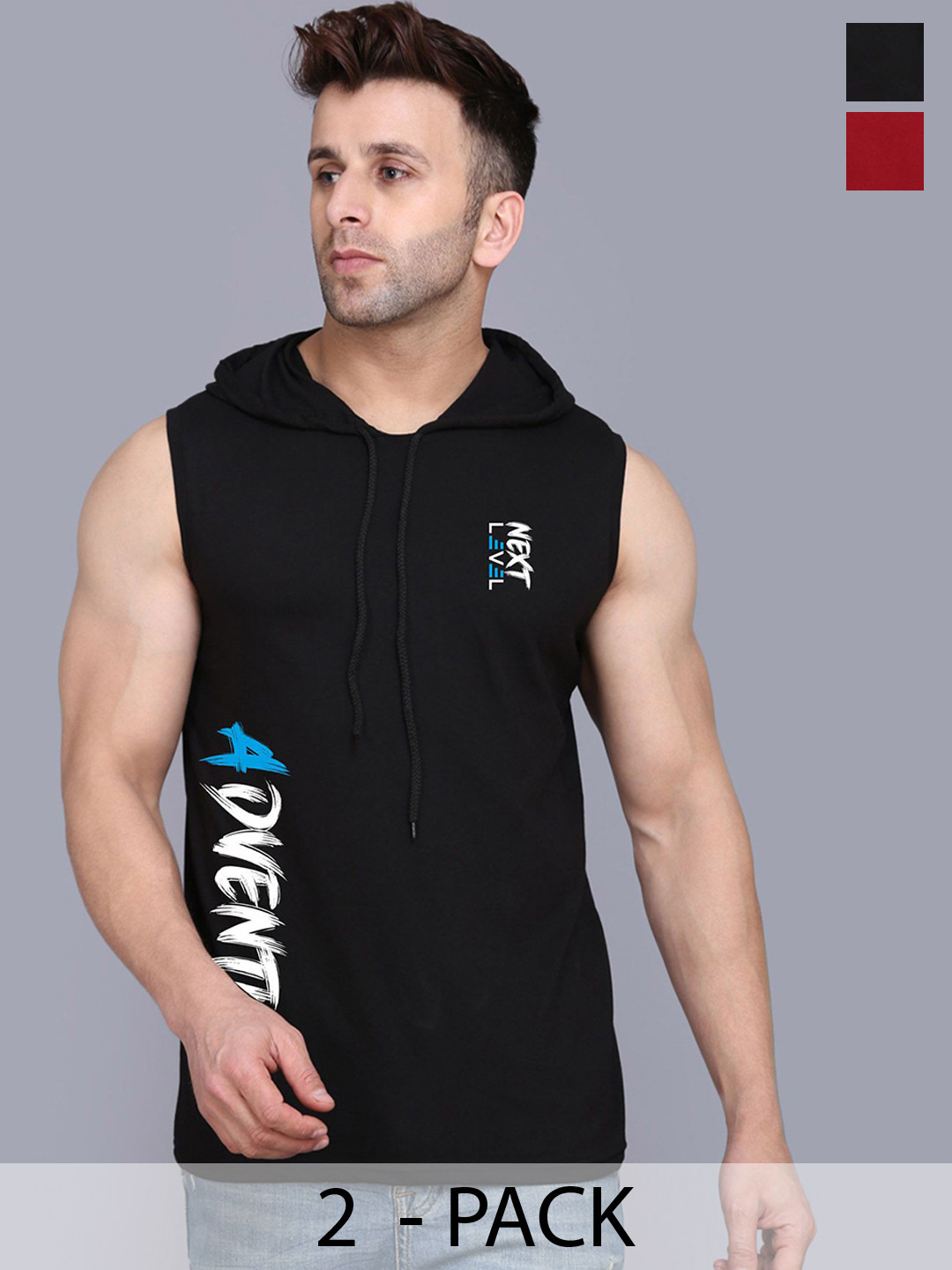 

SLOWLORIS Pack of 2 Printed Sleeveless Gym Vests-SL28 COMBO (ADV BLACK) (LOUD MAROON)