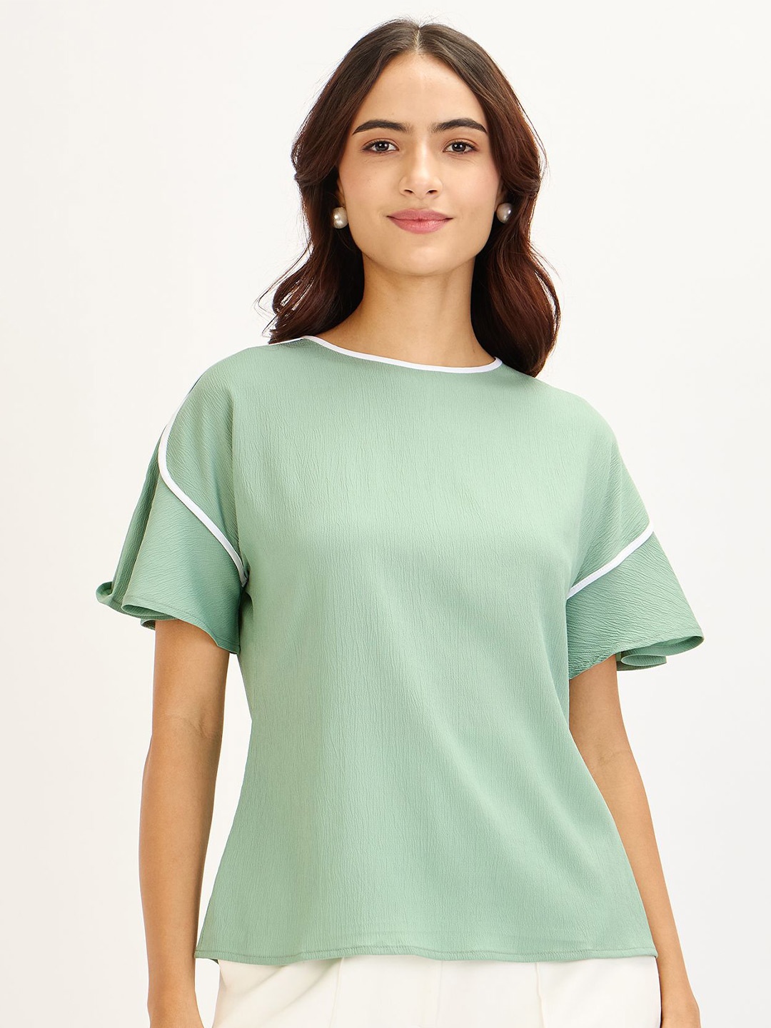 

SALT ATTIRE Summer Coolers Solid Round Neck Flared Sleeves Top, Green