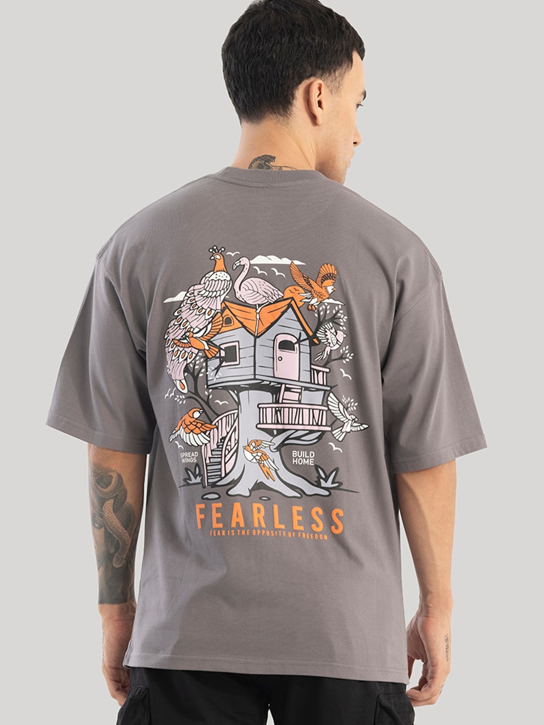 

Snitch Men Graphic Printed Drop Shoulder Sleeves Oversized T-shirt, Grey