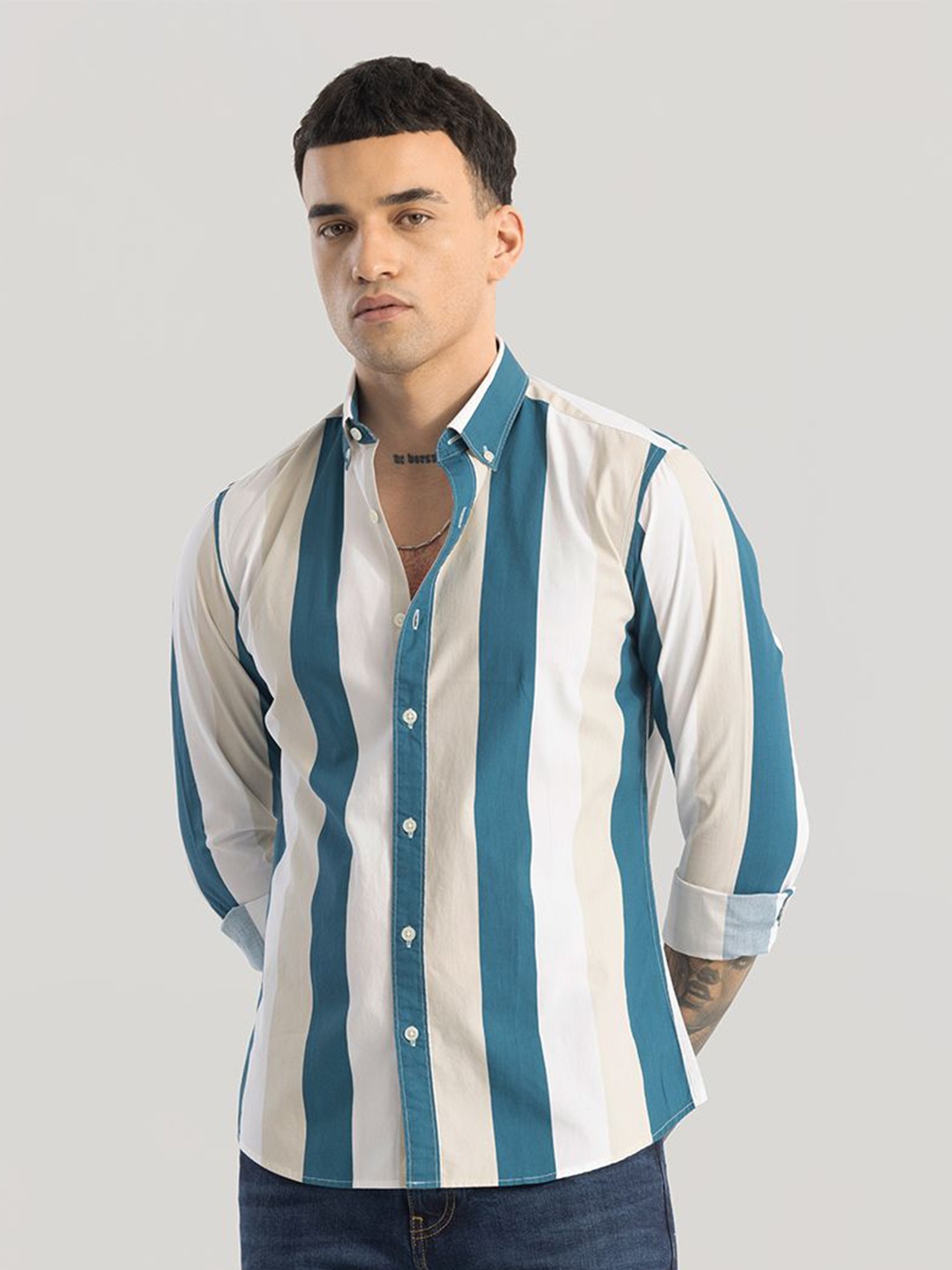 

Snitch Men Classic Slim Fit Opaque Striped Casual Shirt, Teal