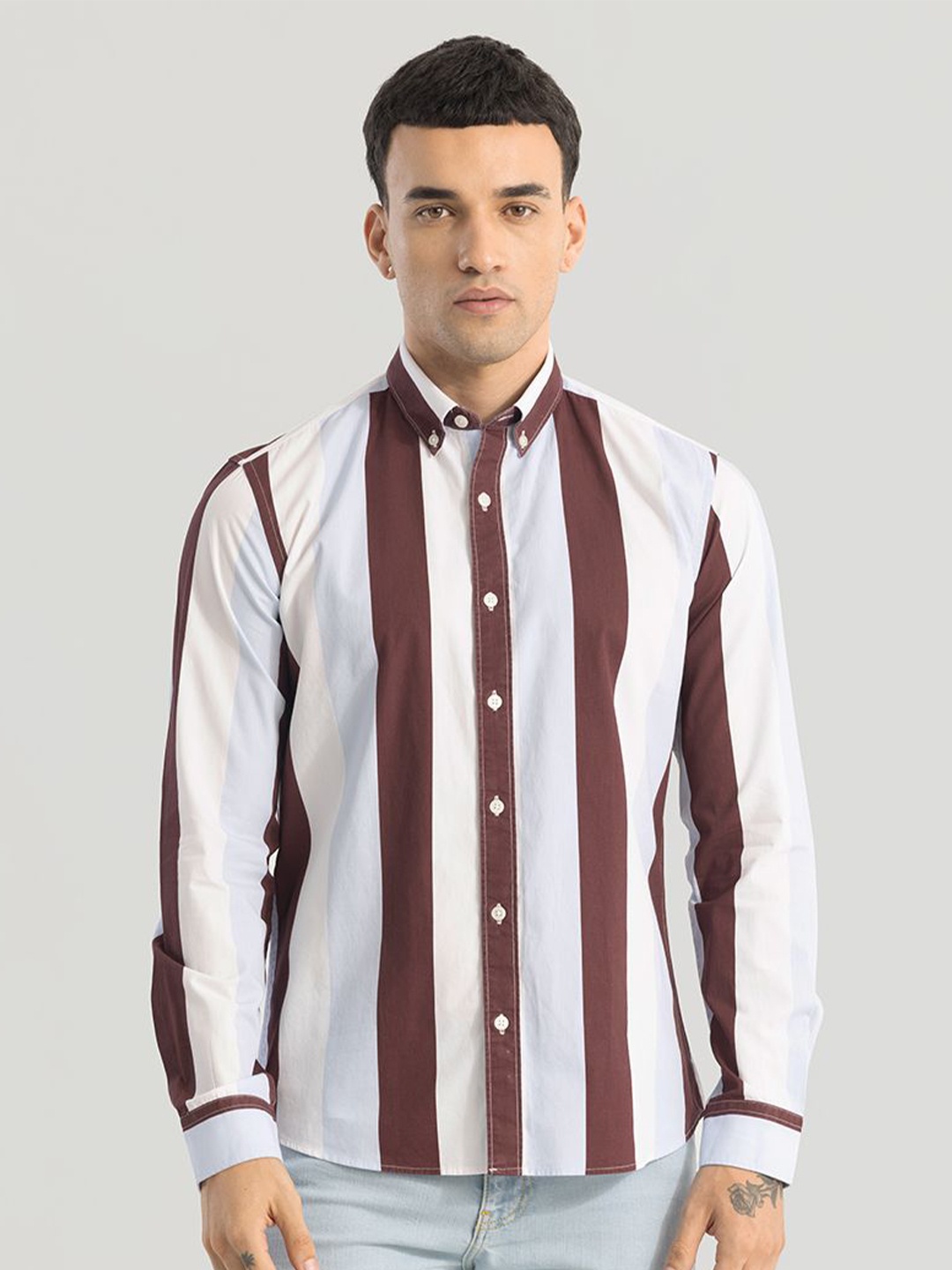 

Snitch Men Classic Slim Fit Opaque Striped Casual Shirt, Maroon