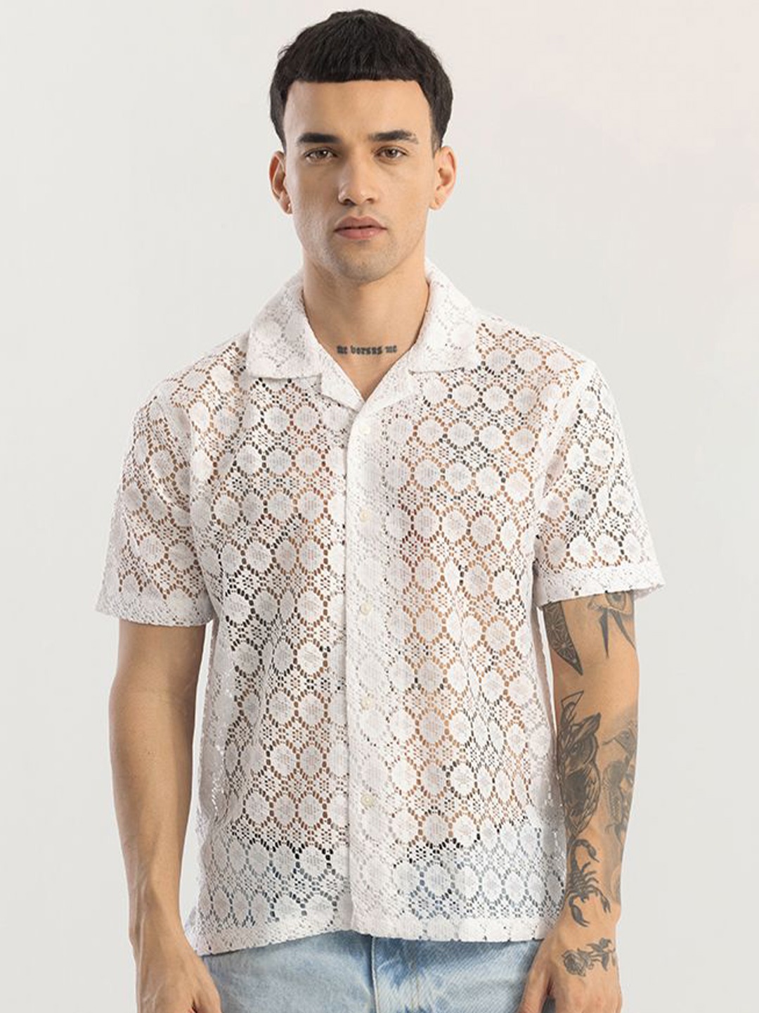 

Snitch Men Classic Boxy Sheer Printed Casual Shirt, Off white