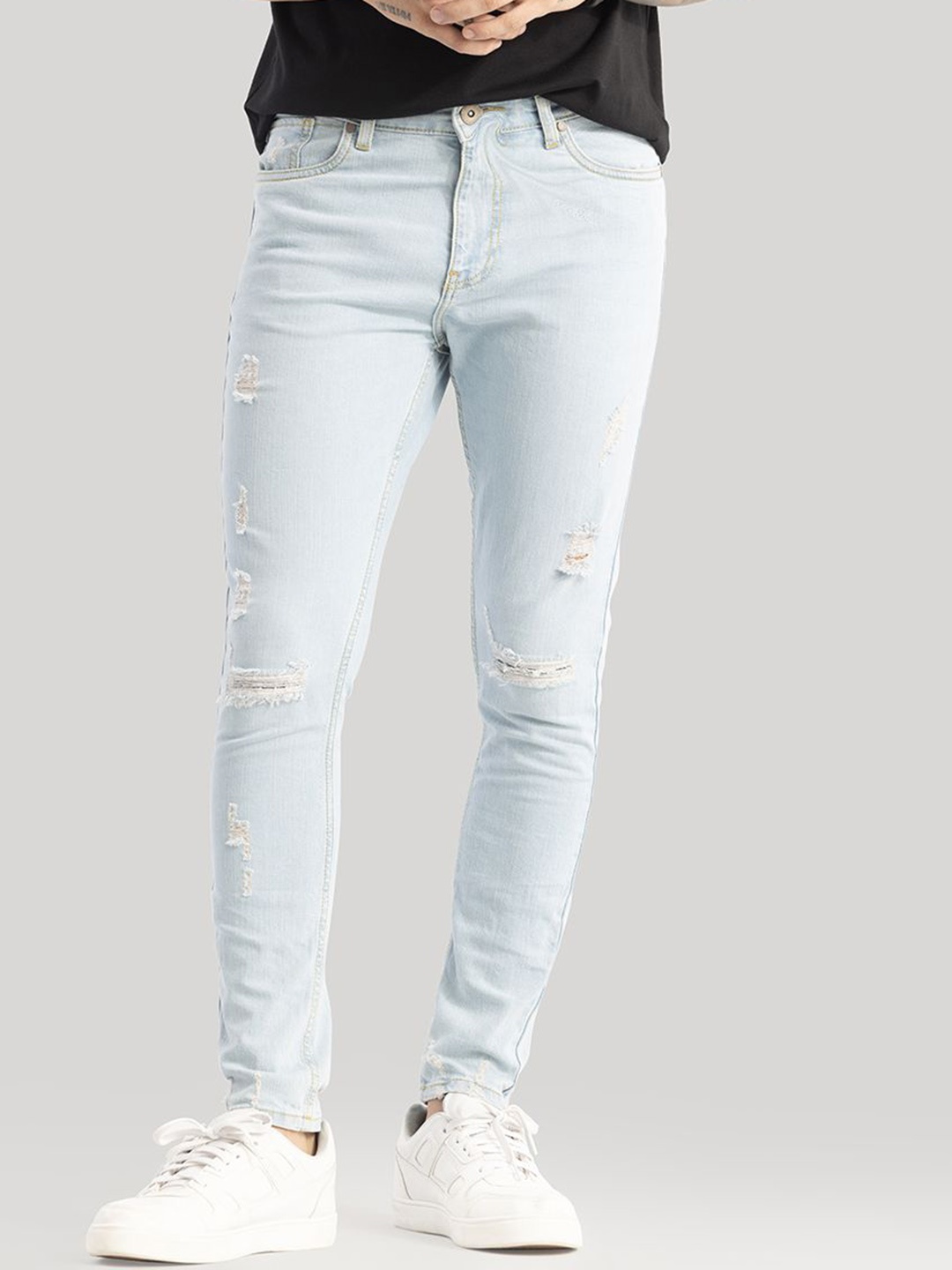 

Snitch Men Classic Skinny Fit Slash Knee Light Shade Stretchable Ripped Jeans, Blue