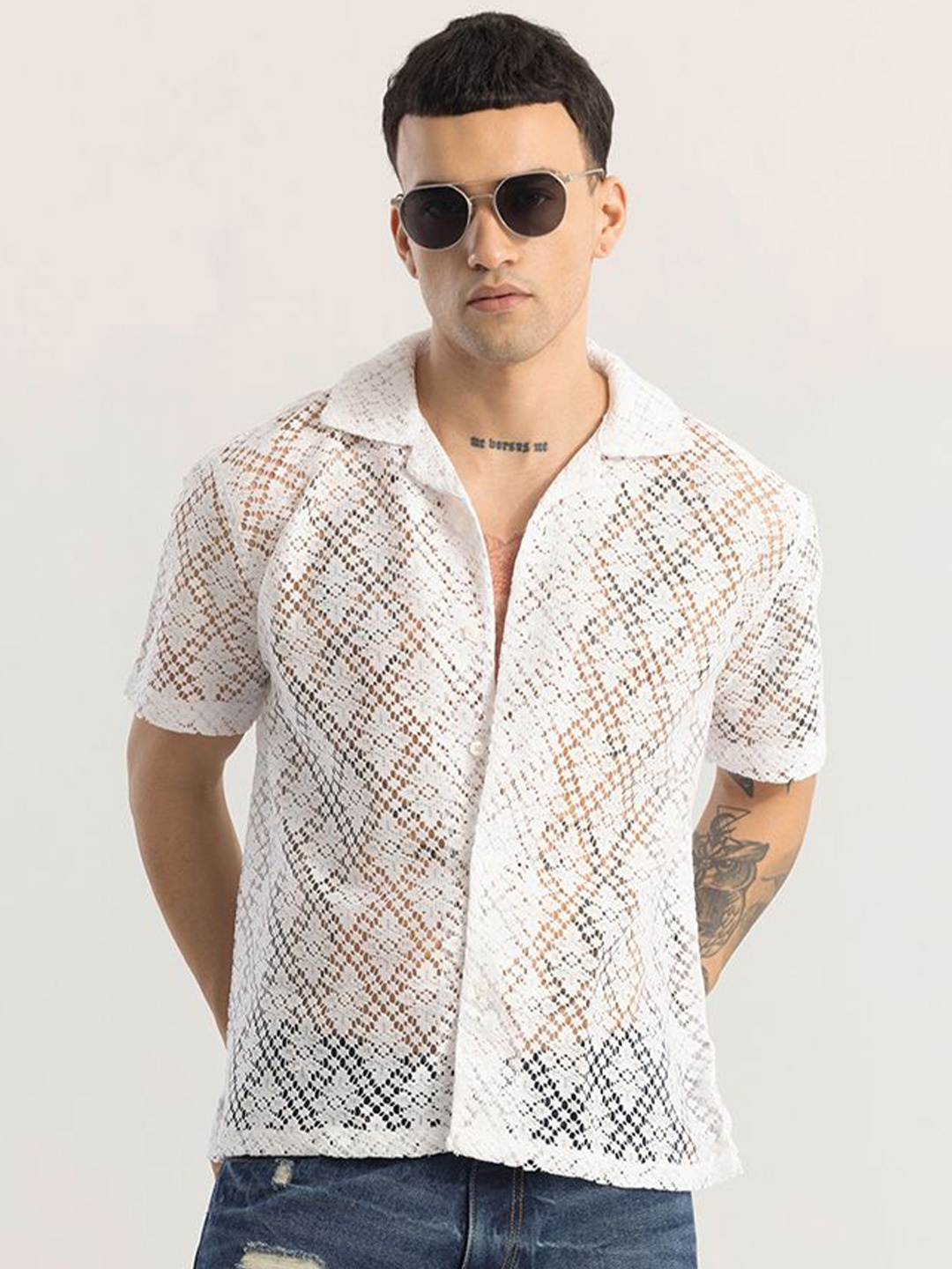 

Snitch Men Classic Boxy Sheer Printed Casual Shirt, Cream
