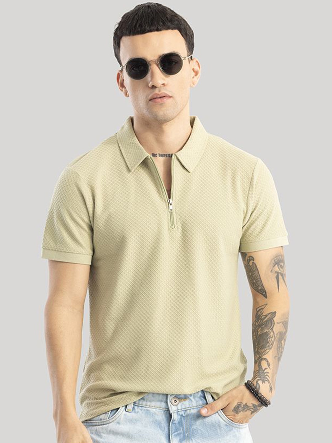 

Snitch Men Polo Collar Pockets Slim Fit T-shirt, Beige