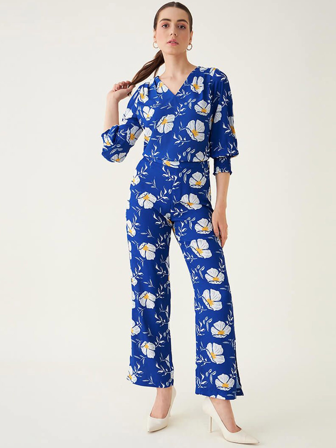 

SALT ATTIRE Floral Printed V-Neck Cuffed Sleeves Top & Trousers, Blue