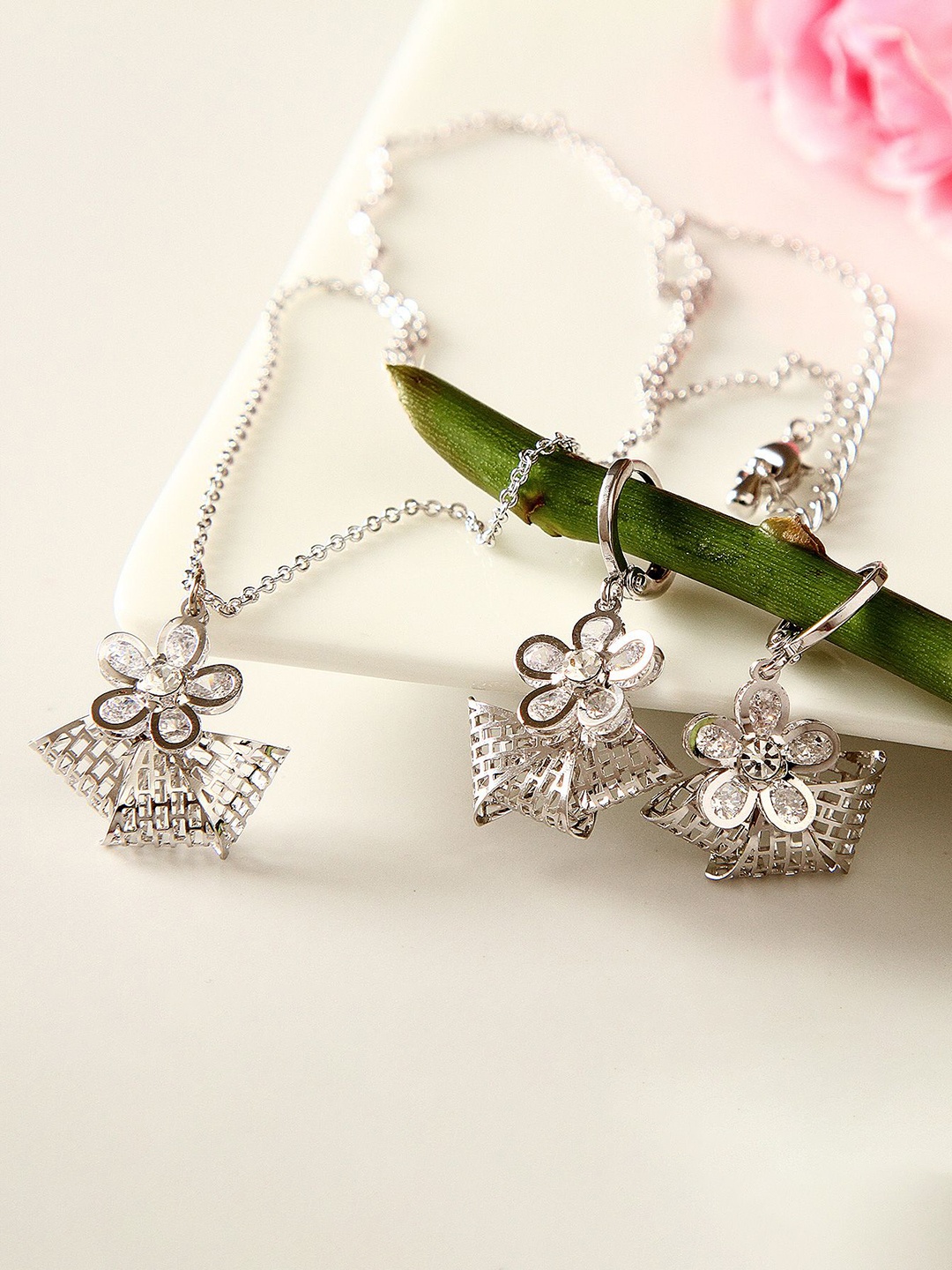 IGP Silver Zircon Studded Pendant With Chain Set, Multi