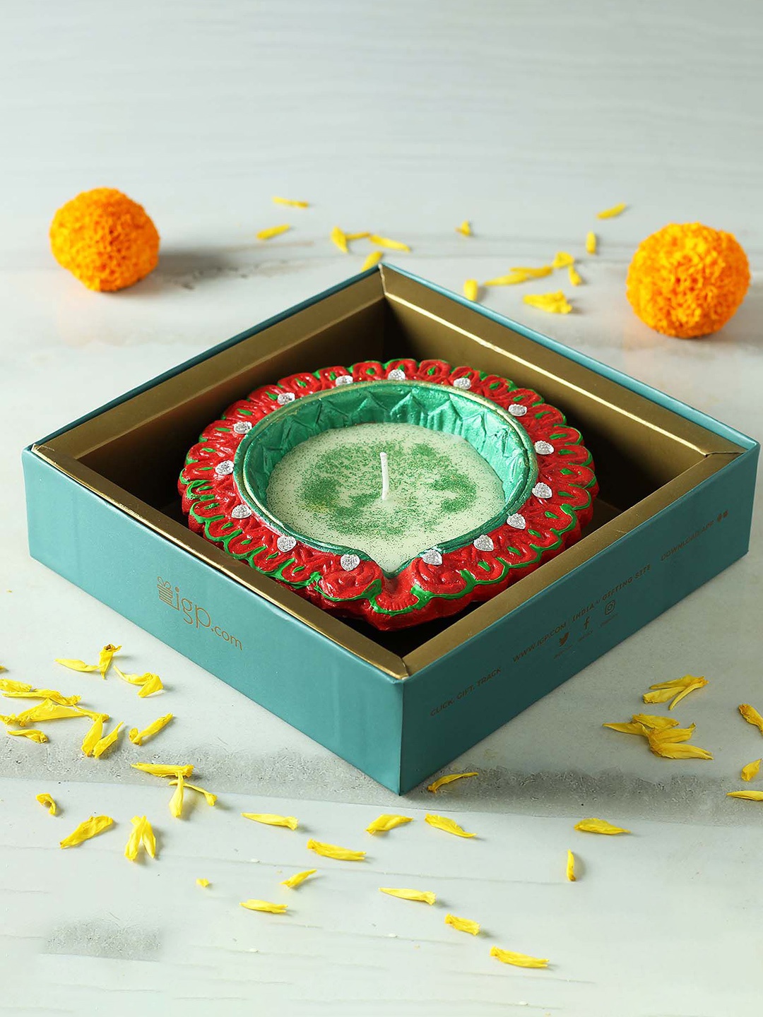 

IGP Red & Green Diya With Glitter And Stone Work