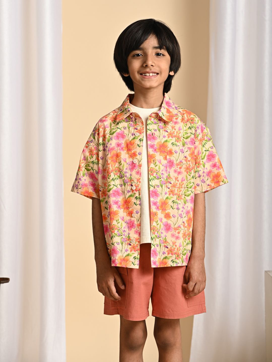 

The Tribe Kids Boys Printed Pure Cotton Shirt with Shorts, Orange