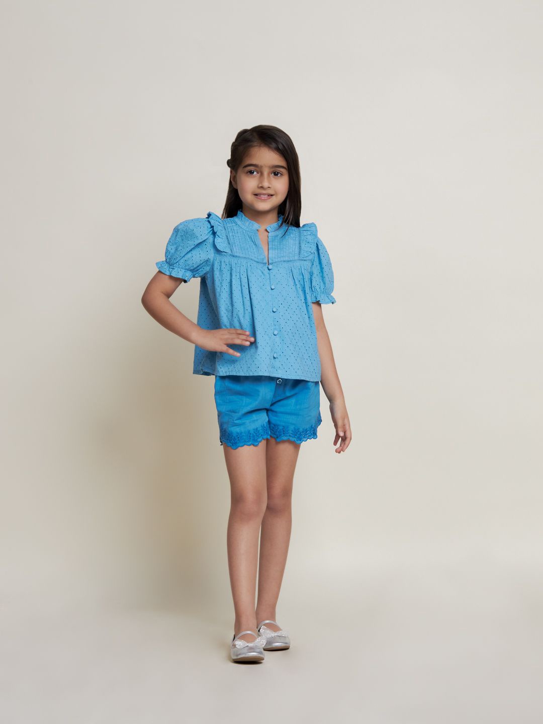 

The Tribe Kids Girls Self Designed Pure Cotton Top with Shorts, Blue