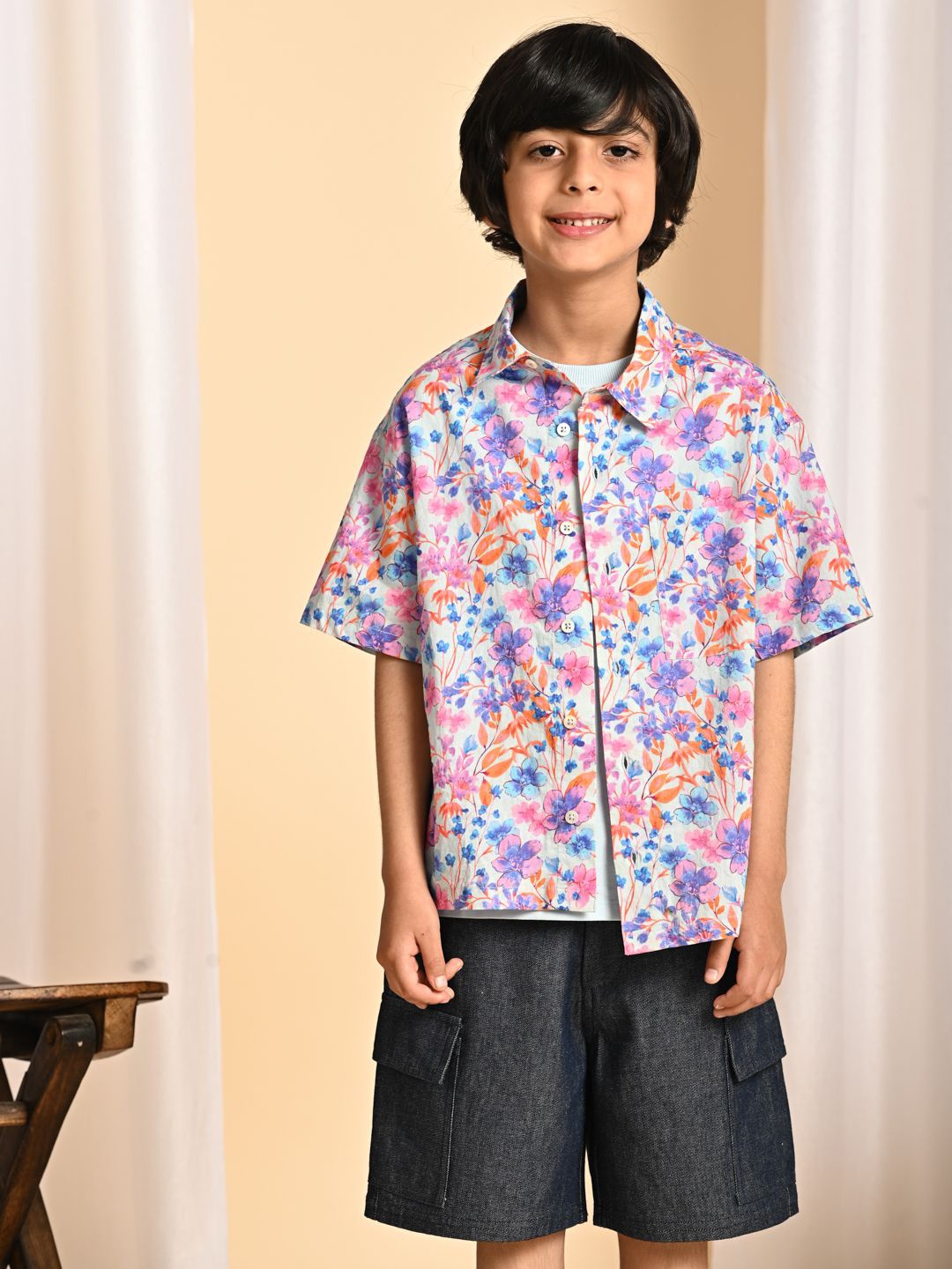

The Tribe Kids Boys Printed Pure Cotton Shirt with Shorts, Blue