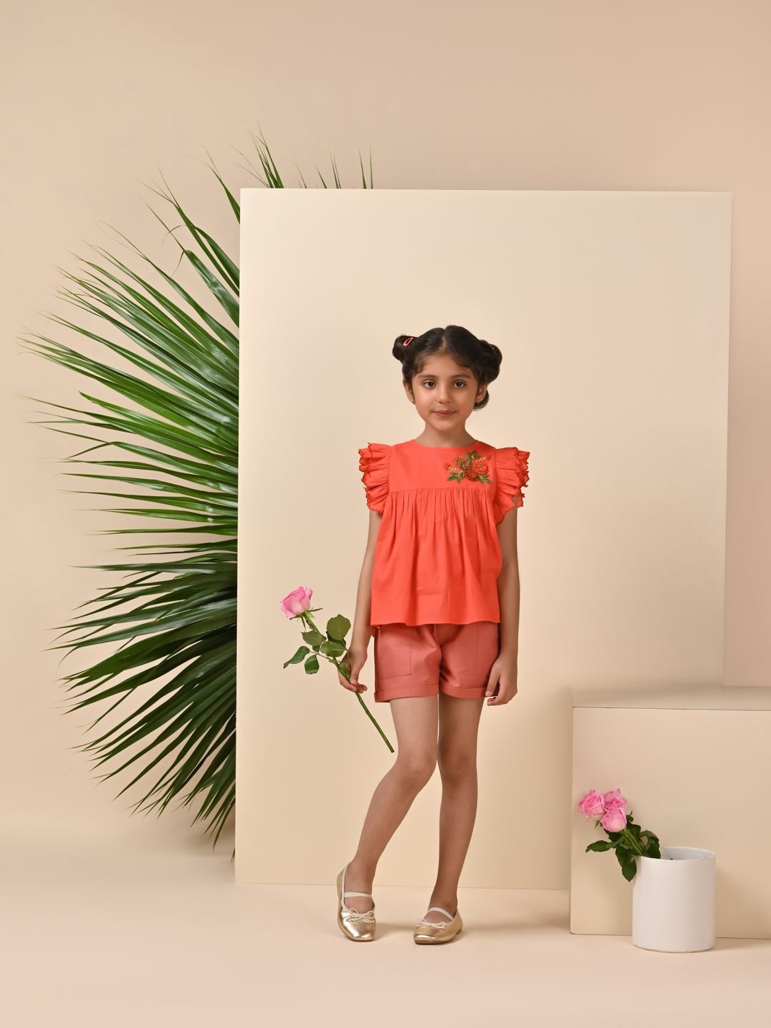 

The Tribe Kids Girls Pure Cotton Top with Shorts, Orange