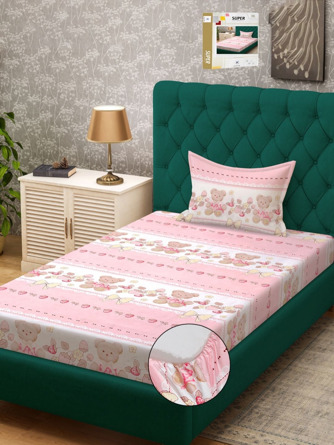 

KLOTTHE Pink & White Printed 130 GSM Fitted Single Bedsheets