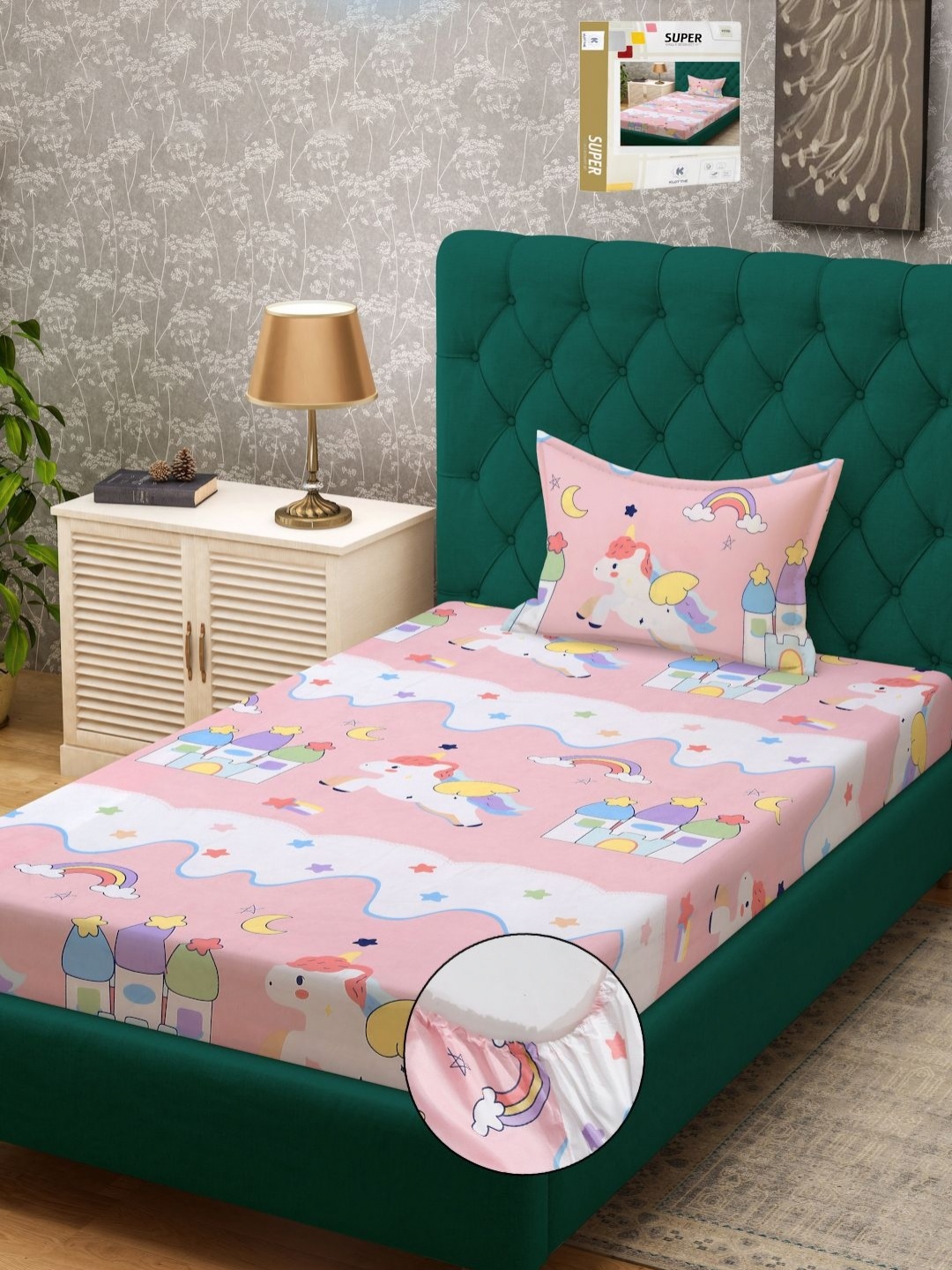 

KLOTTHE Pink & White Printed Fitted 300 TC Single Bedsheet Set