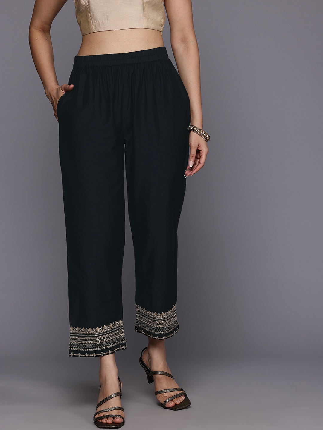 

Varanga Ethnic Trousers With Zari Embroidered Detail, Black