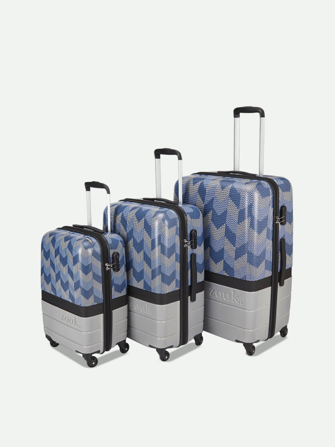 

ZOUK Unisex Set of 3 Himachal Chevron Raahi Grey Cabin, Medium & Large Trolley Bags, Blue