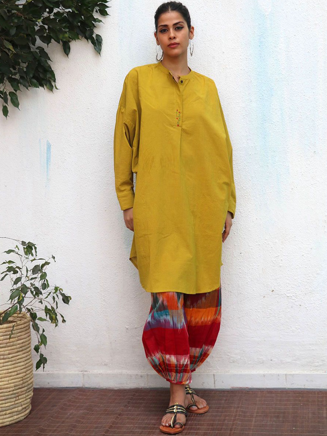 

Chidiyaa Mihira Shirt Collar Kimono Sleeves Pure Cotton Khadi Pathani Kurta, Mustard