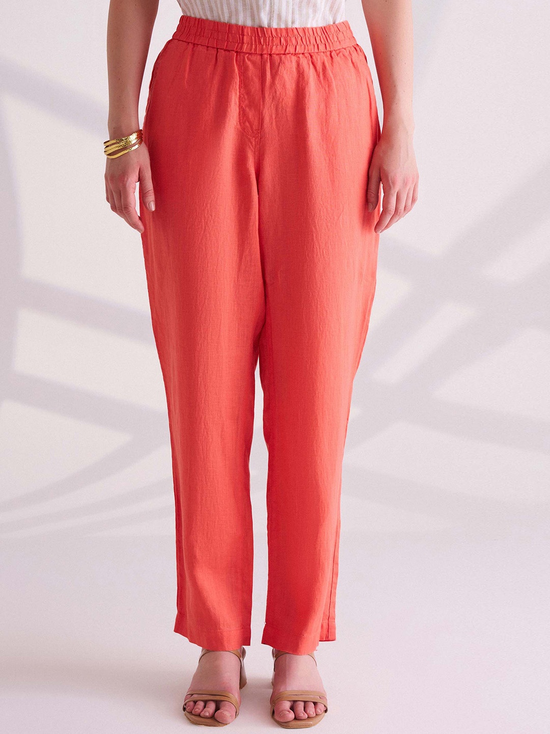 

B.Copenhagen Women Relaxed Mid-Rise Linen Trousers, Orange