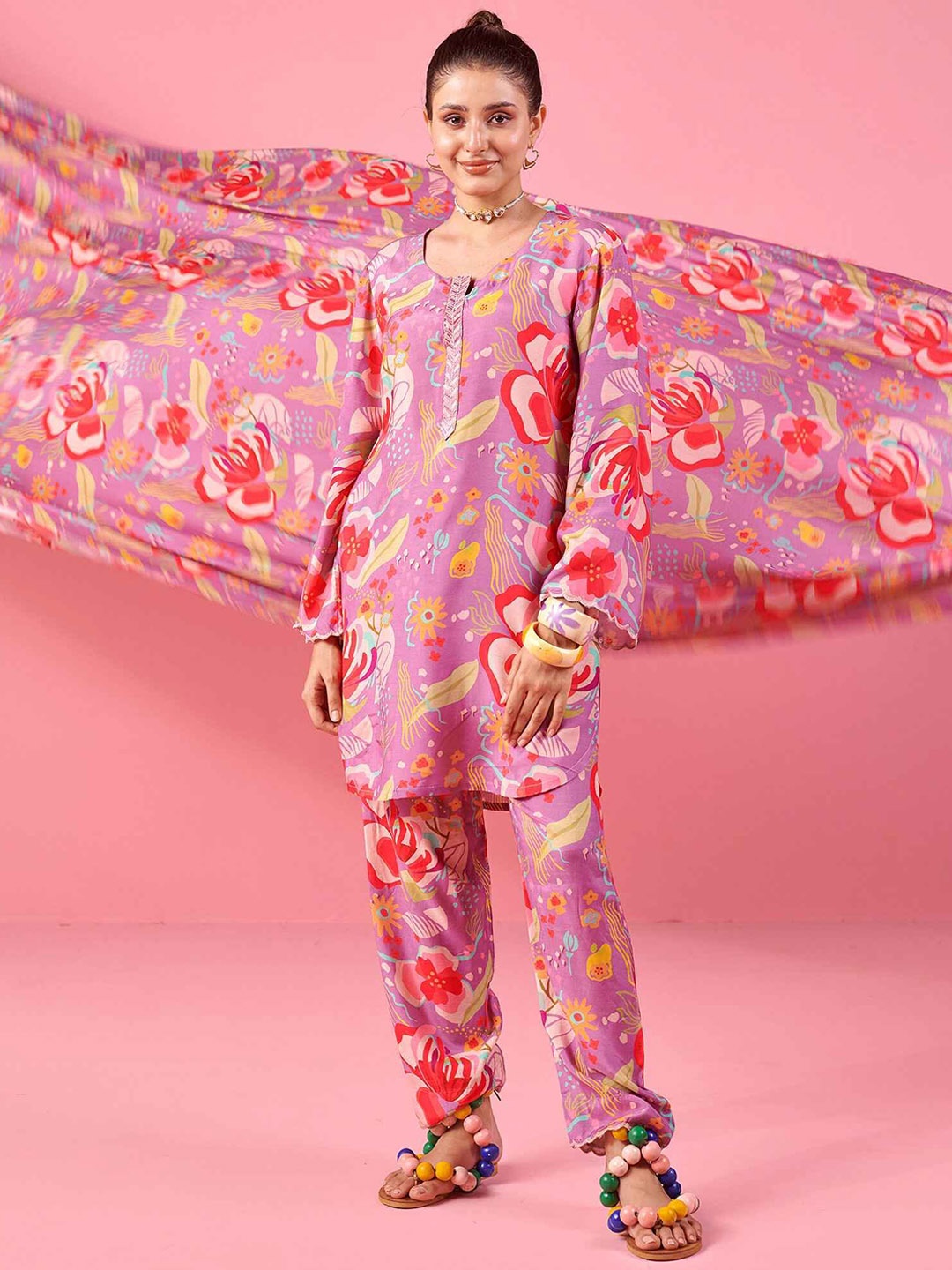 

KARAJ JAIPUR Printed Round Neck Tunic & Trousers, Purple