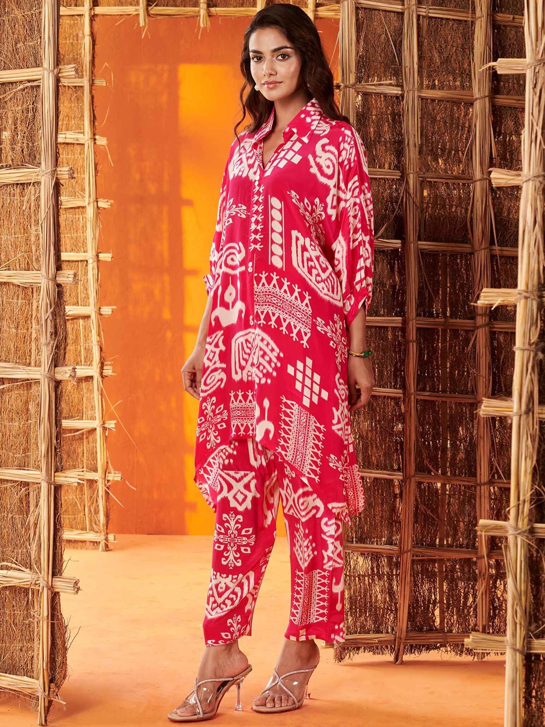 

KARAJ JAIPUR Printed Shirt Collar Tunic With Trouser, Pink