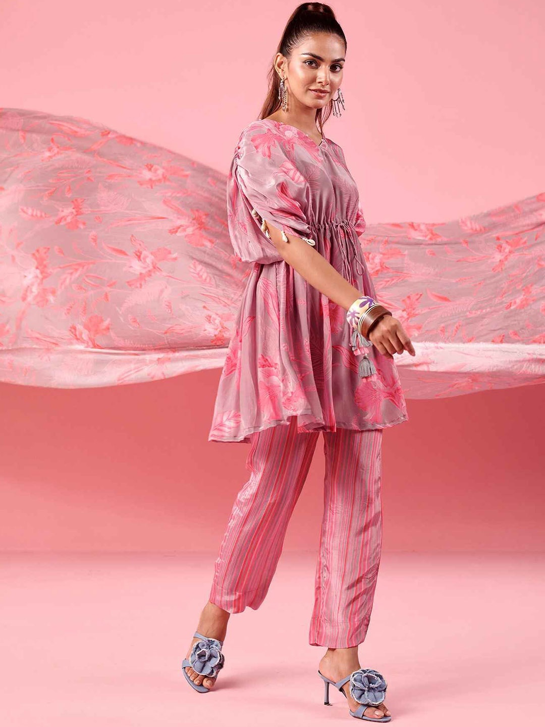 

KARAJ JAIPUR Printed V-Neck Smocked Sleeves Top With Trousers, Pink