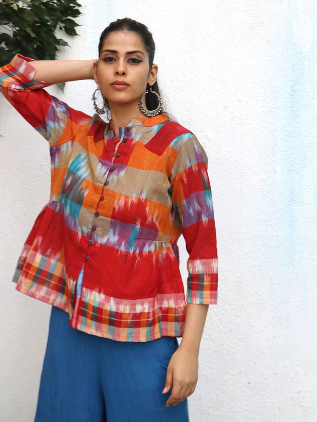 

Chidiyaa Gamcha Striped Mandarin Collar Cotton Top, Red