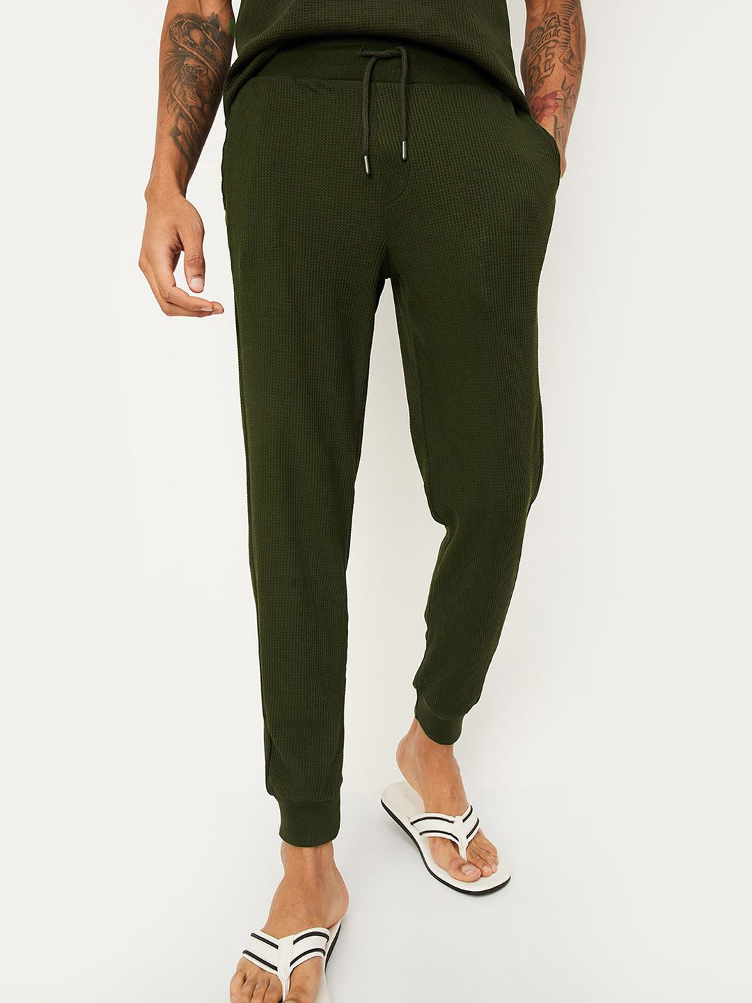 

max Waffle Patterned Knitted Mid-Rise Cotton Lounge Joggers, Green
